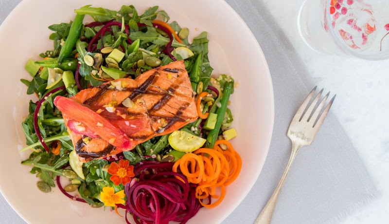 Alaska Salmon With Rhubarb-Ginger Sauce and Spiralized Veggies