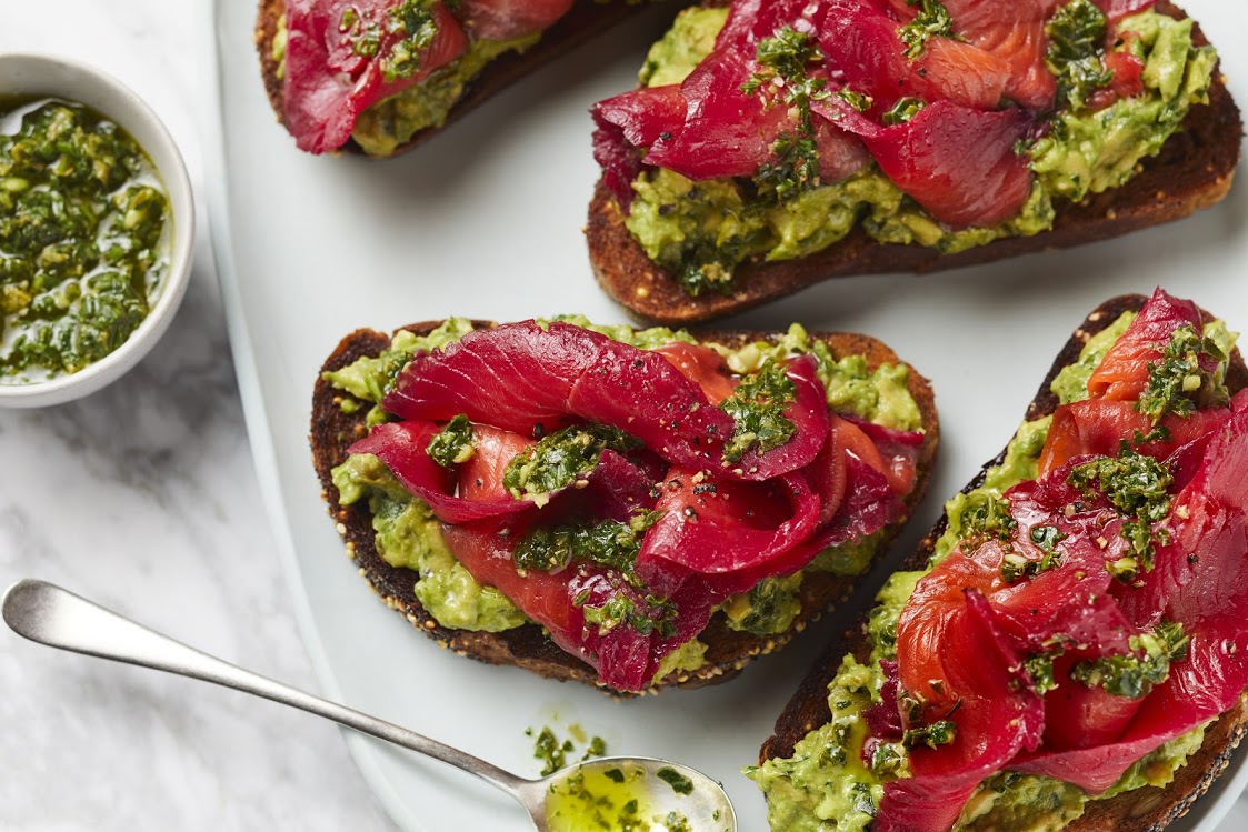 Avocado Toast with Beet Cured Alaska Salmon