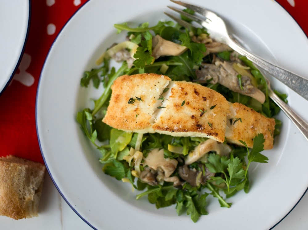 Halibut with Wild Mushrooms and Leeks