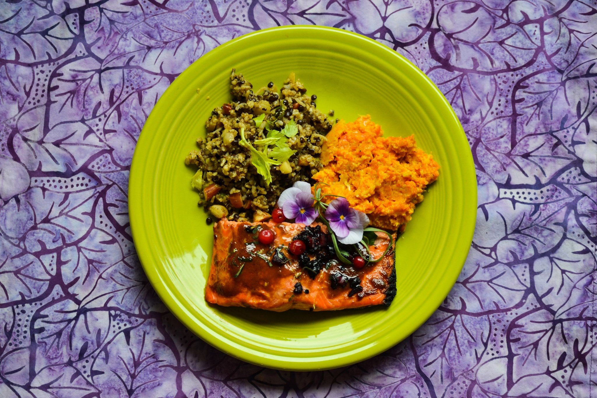 BBQ Salmon with Pickled Berries and Wildflowers