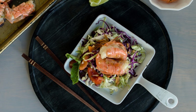 Citrus Spot Prawns with Sesame Cabbage Salad