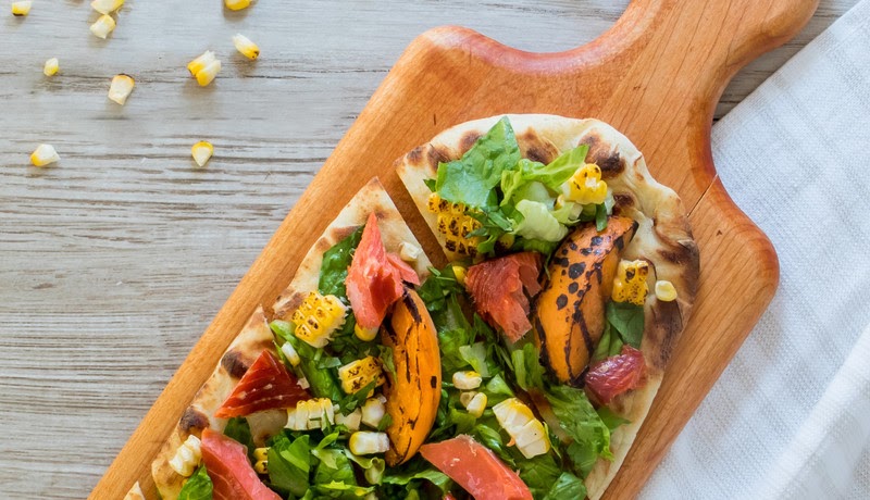 Grilled Flatbread with Chopped Salad and Smoked Alaska Salmon