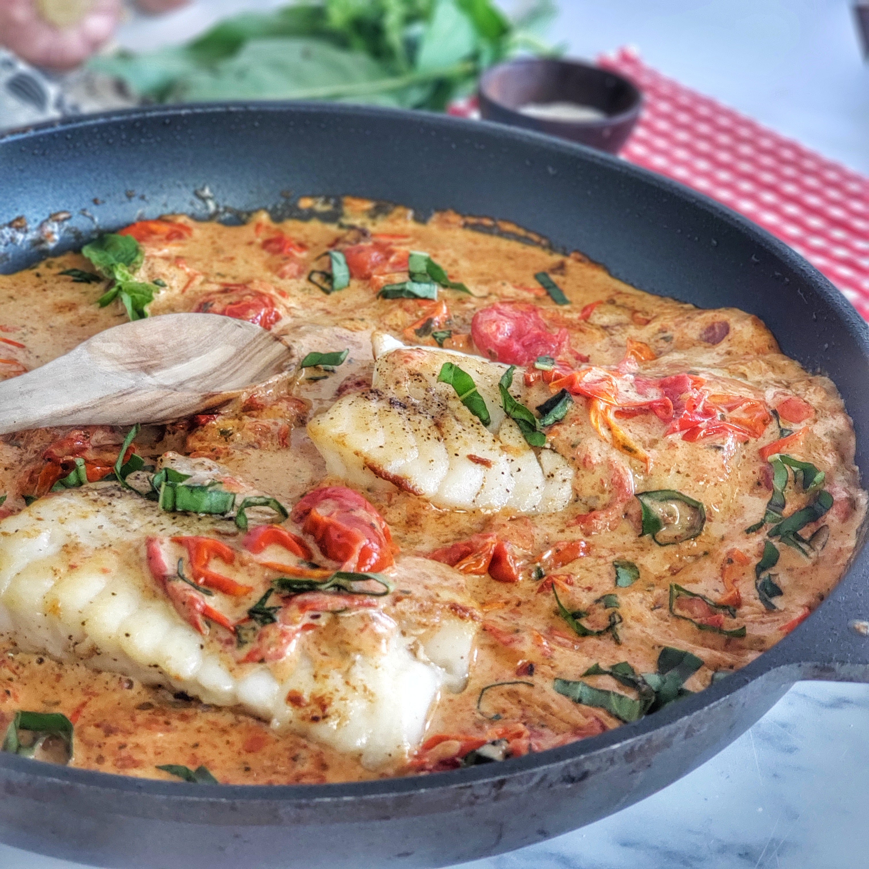 Pan-seared Lingcod with Creamy Burst Tomato Sauce